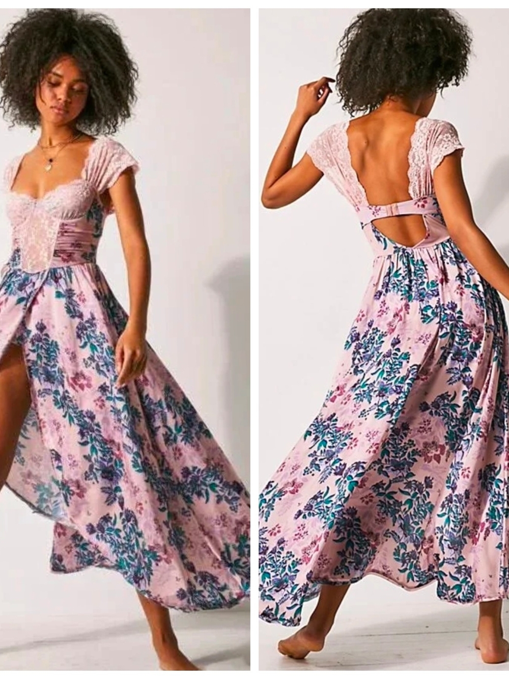 Free People Bad For You Bodysuit Pink Floral Lace-Back Maxi Dress